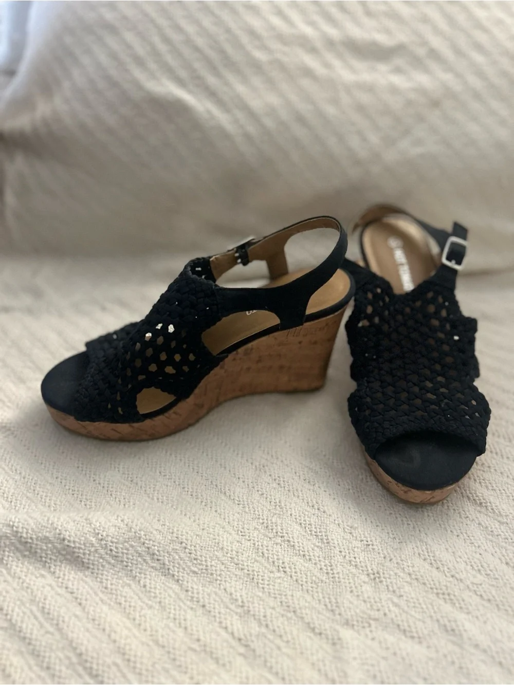 Hot Tomato Black Woven Slingback Wedge Sandals with Buckle